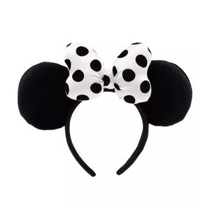 Minnie Mouse Polka Dot Ear Headband with Satin Bow for Adults – Black and White